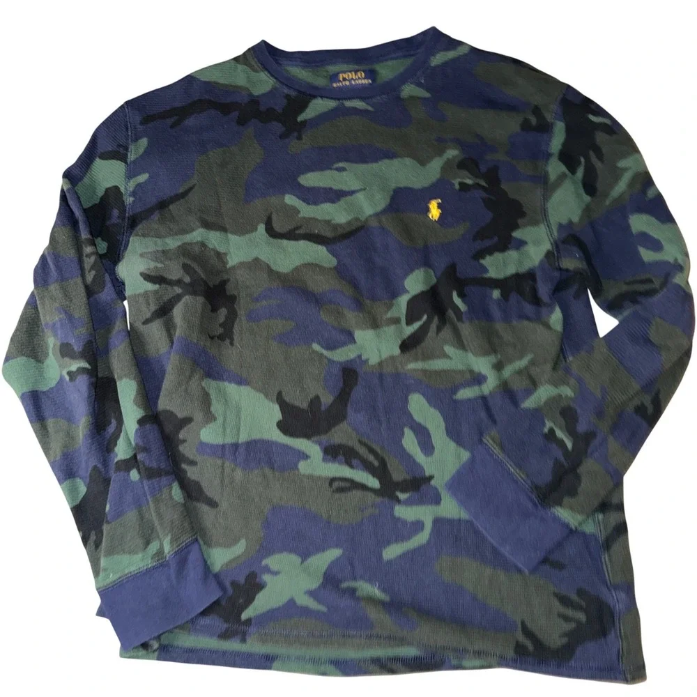 Polo Ralph Lauren Sleepwear Set XL Camo‎ Blue Green Thermal Waffle Knit 2pc